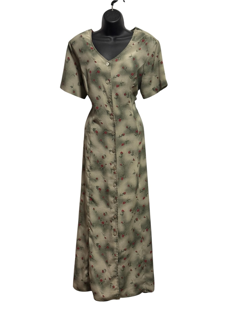 Vintage Jessica Olive Green Floral Button-Front Maxi Dress